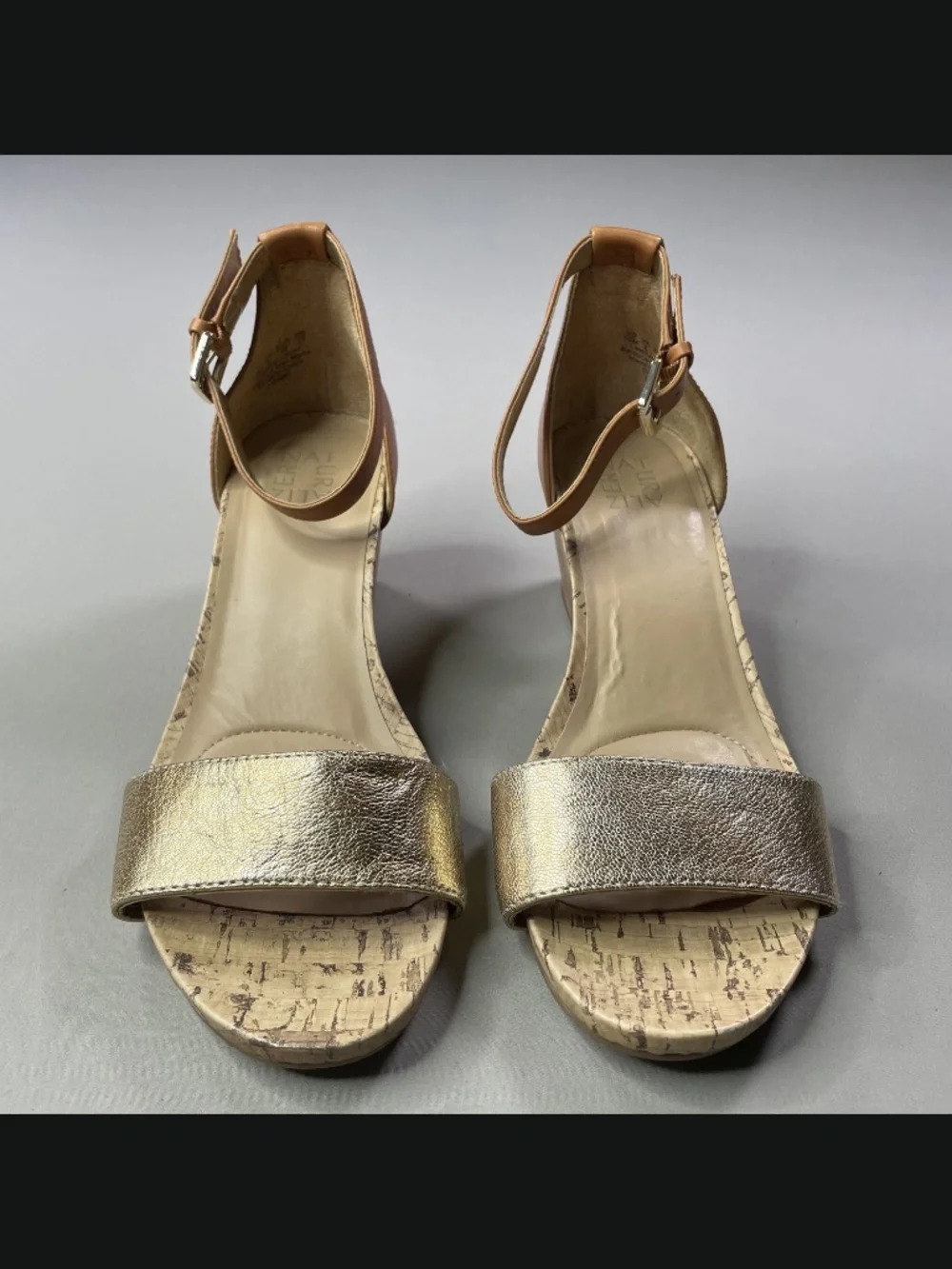 NEW Naturalizer Shoes Womens 10 brown gold leather cork cami wedge heels sandals
